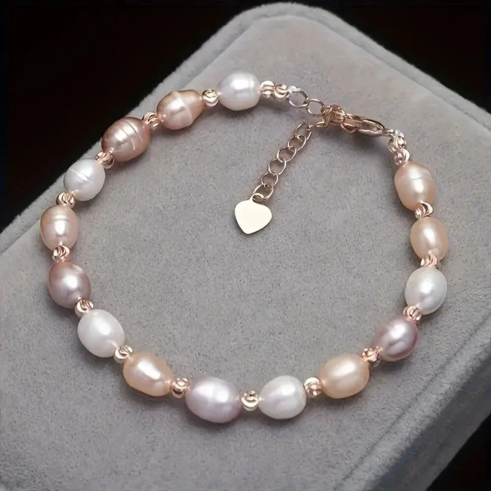 Freshwater Pearls Women's Elegant Minimalist Bracelet w Heart-Shaped Charm